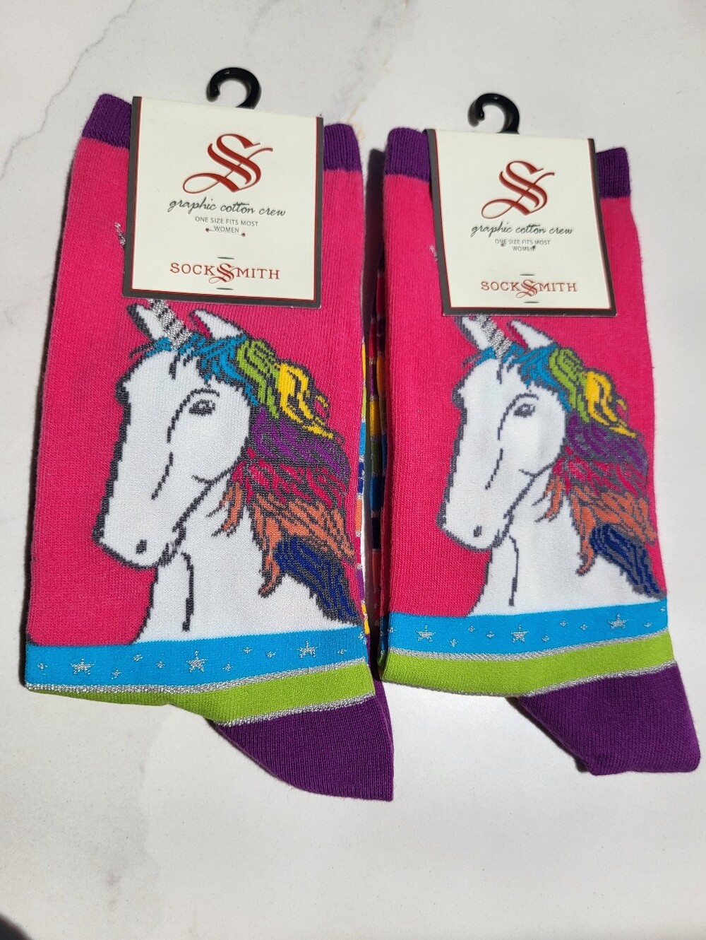 NWT Two Pairs of SockSmith Graphic Cotton Crew Socks Rainbow Hair Don' Care Pink